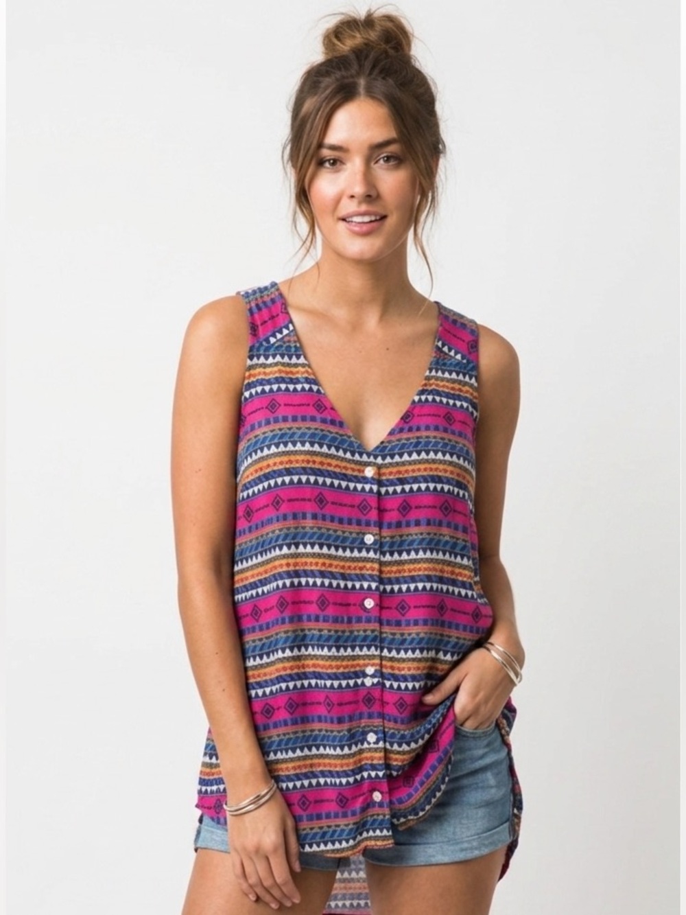 KAVU V Neck High Low Sleeveless Button up Aztec Southwest Blouse Size XS